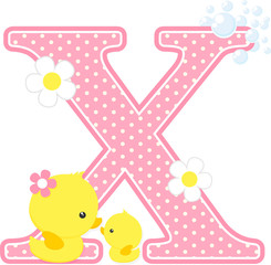 initial x with flowers and cute baby duck and mom isolated on white. can be used for baby girl birth announcements, nursery decoration, mother's day card,party theme or birthday invitation.