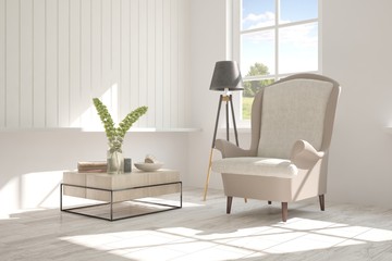 White modern room with armchair. Scandinavian interior design. 3D illustration