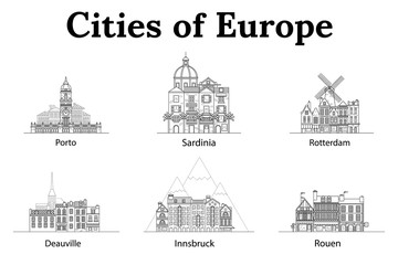 The city of Europe, Innsbruck, Sardinia, Rotterdam, Deauville, Rouen, Porto. European houses. Different sizes and constructions. Old houses of Europe Flat vector in lines