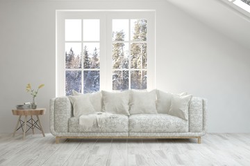 White room with sofa and winter landscape in window. Scandinavian interior design. 3D illustration