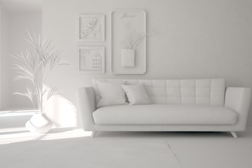 White room with sofa. Scandinavian interior design. 3D illustration