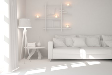 White room with sofa. Scandinavian interior design. 3D illustration