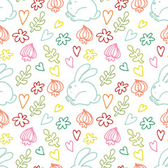 Fototapeta na wymiar Vector doodle Easter seamless pattern. Colorful illustration of rabbits, succulent leaves, hearts and other holiday design elements for textile print, wrapping, backgrounds. Colorful Easter background