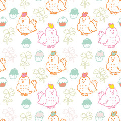 Vector doodle Easter seamless pattern. Colorful illustration of chicken, chick, flowers, hearts and other holiday design elements for textile print, wrapping, backgrounds. Colorful Easter background.