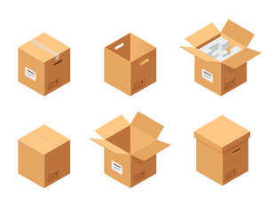 Fototapeta premium Carton packaging boxes set. Isometric view. Closed and open packages on white background.