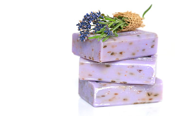 lavender soap. set tenderly lilac soap with lavender extract and sprigs of fresh lavender on a white background. Natural Lavender Pure Aromatherapy Herbal Soap
