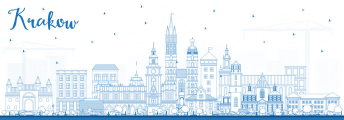 Obraz premium Outline Krakow Poland City Skyline with Blue Buildings.