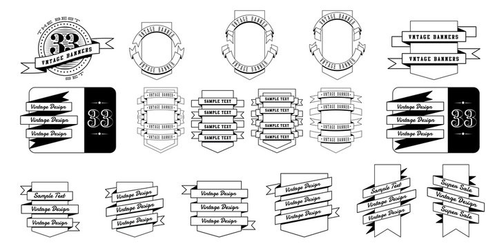 Set Of 33 Vintage Banner Ribbons.On The Shields. Retro Banners Isolated On White Background. Vector Illustration.