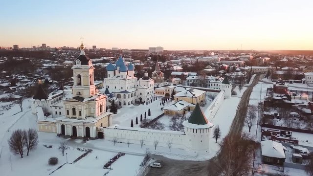 Aerial view of Vysotskiy monastery at sunrise in Serpukhov, Moscow Oblast, Russia
