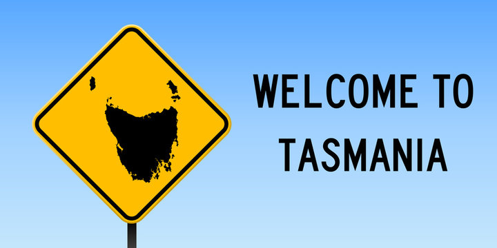 Tasmania map on road sign. Wide poster with Tasmania island map on yellow rhomb road sign. Vector illustration.