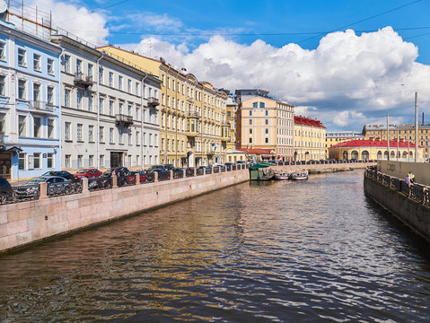 View of the buildings along the Moyka River. St.Petersburg, Russia