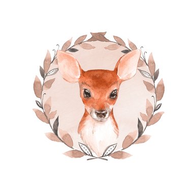 Baby Deer and wreath. Hand drawn cute fawn. Watercolor illustration