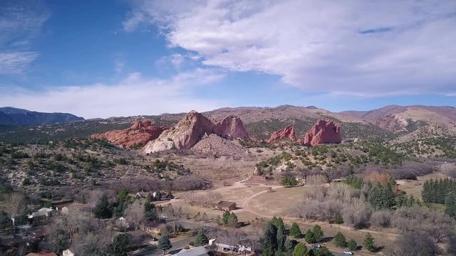 An aerial view of Garden of the Gods in Colorado Springs, Colorado.