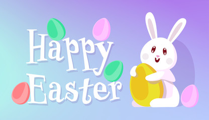 Happy Easter Card Design with Cute Holiday Bunny Holding Colorful Eggs Vector Illustration