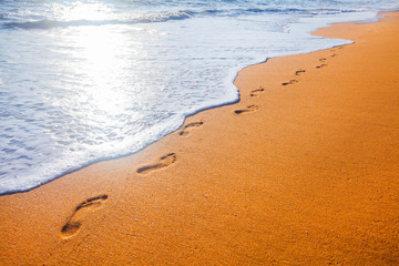beach, wave and footsteps at sunset time