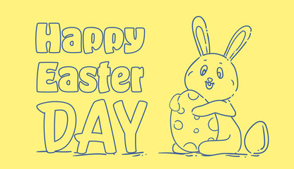 Happy Easter Card Design With Hand Drawn Cute Holiday Bunny Holding Egg Vector Illustration