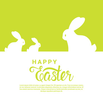 Happy Easter Background For Greeting Card With Bunny Silhouettes And Hand Drawn Calligraphy Vector Illustration