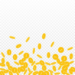 American dollar coins falling. Scattered small USD coins on transparent background. Lively scatter bottom gradient vector illustration. Jackpot or success concept.