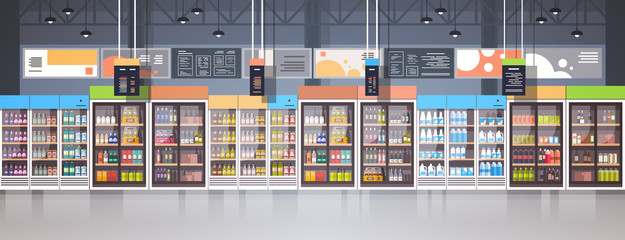 Fototapeta premium Supermarket Interior Retail Store With Assortment Of Grocery Food On Shelves Horizontal Banner Flat Vector Illustration