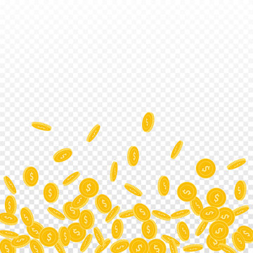 American dollar coins falling. Scattered small USD coins on transparent background. Lively scatter bottom gradient vector illustration. Jackpot or success concept.
