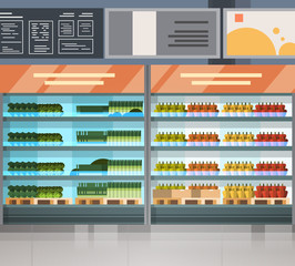 Grocery Store Row With Fresh Products On Shelves Modern Supermarket Interior Flat Vector Illustration
