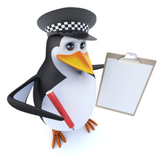 3d Funny cartoon police penguin character holding a clipboard and pencil