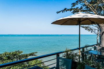 The beautiful restaurant sea view with blue sky in the nice holiday 