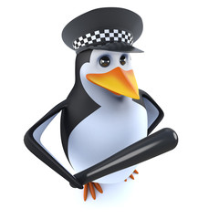 3d Funny cartoon police penguin character holding a truncheon baton