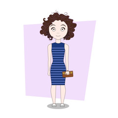 Cute Cartoon Girl In Stylish Dress Doodle Vector Illustration