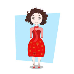 Curly Cartoon Hipster Girl In Modern Stylish Dress Vector Illustration