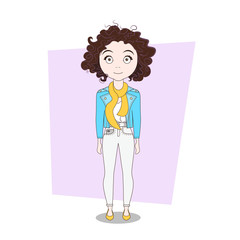 Cartoon Hipster Curly Girl In Modern Casual Clothes Vector Illustration