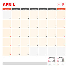 Calendar planner template for April 2019. Week starts on Sunday. Vector illustration