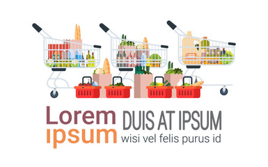 Grocery Products In Paper Bag, Carts And Shopping Basket Isolated On White Background With Copy Space Flat Vector Illustration