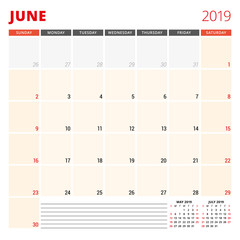 Calendar planner template for June 2019. Week starts on Sunday. Vector illustration