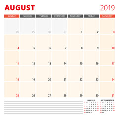 Calendar planner template for August 2019. Week starts on Sunday. Vector illustration