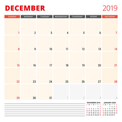 Calendar planner template for December 2019. Week starts on Sunday. Vector illustration