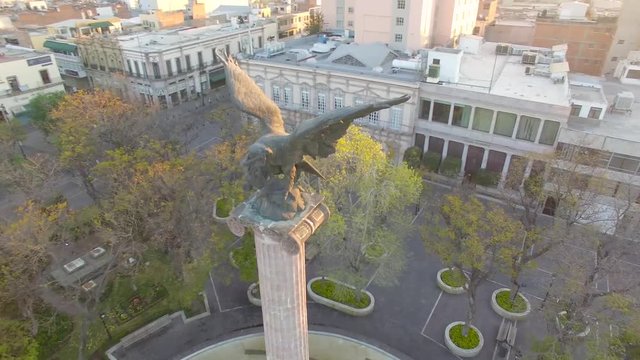 Aerial 360 shot of a scupture of an eagle in Aguascalientes Mexico