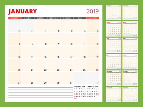 Calendar planner template for 2019 year. Week starts on Sunday. Vector illustration