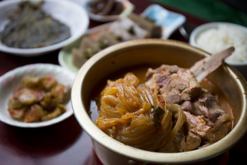 Daeji GalbiJjim, Pork bone, and meat are boiled for a long time and make it tender and cook kimchee together and make it soup, Korean cuisine