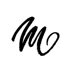 Letter M. Handwritten by dry brush. Rough strokes textured font. Vector illustration. Grunge style elegant alphabet.