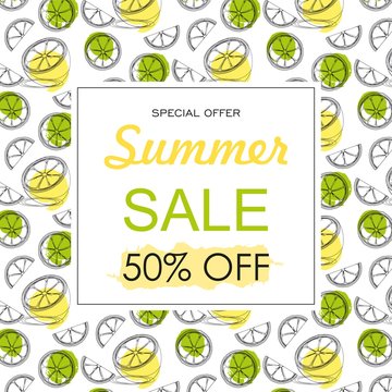 Summer sale  layout banner decorate with hand drawn citrus fruit . Vector illustration	