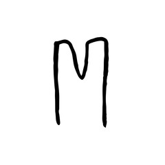 Letter M. Handwritten by dry brush. Rough strokes textured font. Vector illustration. Grunge style elegant alphabet.