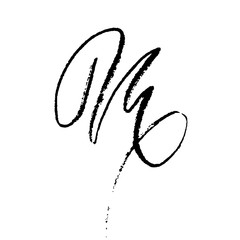 Letter M. Handwritten by dry brush. Rough strokes textured font. Vector illustration. Grunge style elegant alphabet.