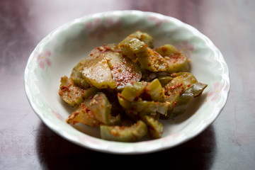 Dried cucumber slices seasoned with soy sauce and spices