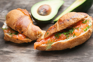 Croissants with salmon and cheese, avacado 