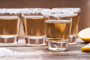 Tequila shots with lime fruit and salt 