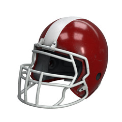 Fototapeta premium Old American Football Helmet. Red helmet with dirt and scratches. Perspective view. Oldschool Used Sport Equipment. 3D render Illustration isolated on a white background.