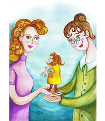 Obraz na płótnie Canvas Watercolor children's drawing of mother and nurse, mother passes on the child's adon, baby girl, mother trusts the nurse, relationship, girl with red hair in the hands toy teddy bear, illustration for