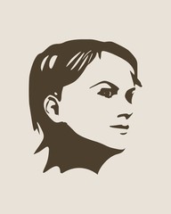 Face half turn view. Elegant silhouette of a female head. Short hair. Monochrome gamma.