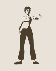 A young woman holding her hand in front to show stop gesture. Vector illustration